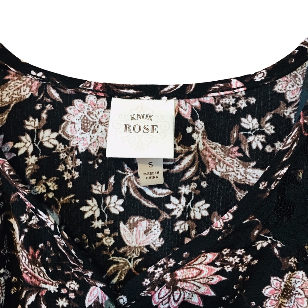 KNOX ROSE Boho Bell Sleeve Black Pink Floral Lace Button Down Top Women’s Small - Picture 13 of 14